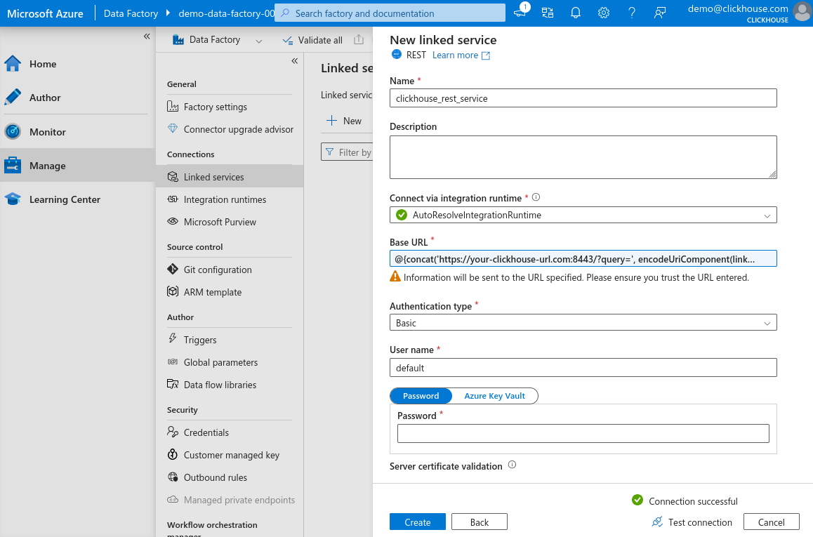 Проверка подключения новой связанной службы